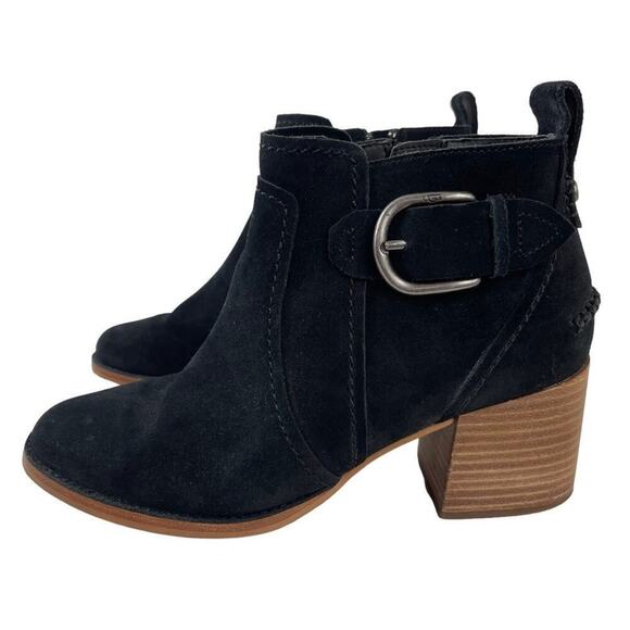 UGG Leahy Black Suede Leather Ankle Boots Stacked Block Heel Booties Size 9 - Picture 2 of 14